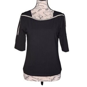 Kivo Black Knit Top Asymmetrical Cold Shoulder Split Sleeve Metallic Trim Size M